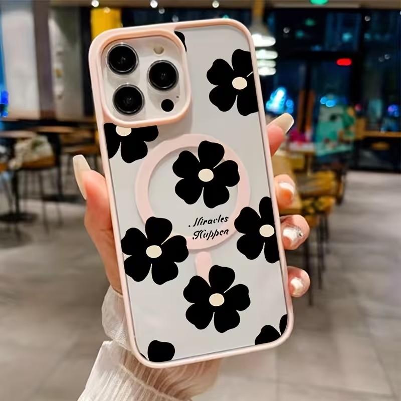 For Samsung S26 S25 Ultra Black Floral Pattern Phone Case for Galaxy S25 FE S26 S24 S23 Plus Magnetic Wireless Charging Cover