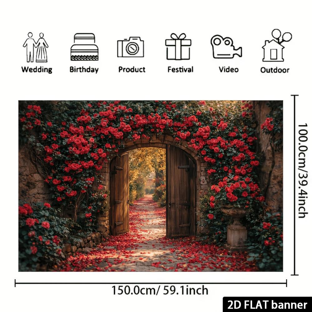 1Pcs Red Rose Archway Vintage Wooden Door Decoration Background Garden Backdrop Decorations For Photo Studio Photo Booth Party