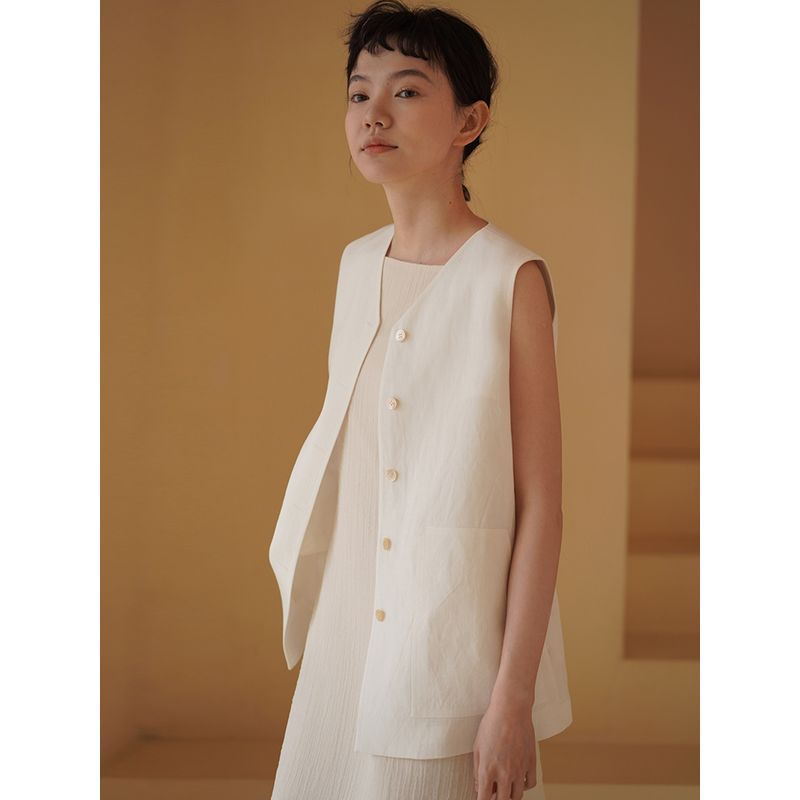 

Miss Haitou Cold Tone Agarwood White Vest Cool Linen Lyocell Loose Temperament Commute Slimming Coat Female Qinglin Bai S