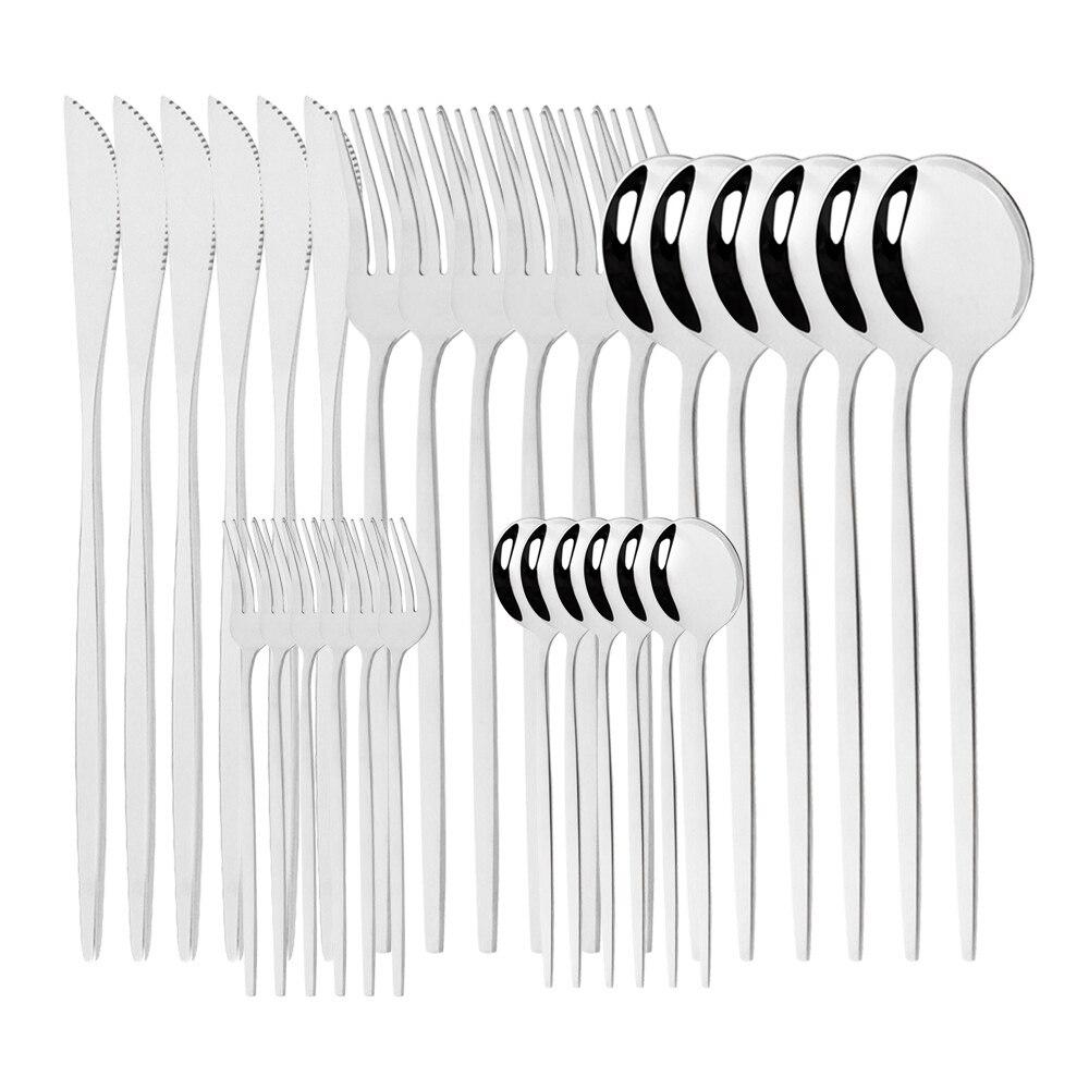 

30 шт., набор столовых приборов из белого золота, столовое серебро из нержавеющей стали, нож, фруктовая вилка, кофейная ложка, столовые приборы, набор кухонной посуды серебряный