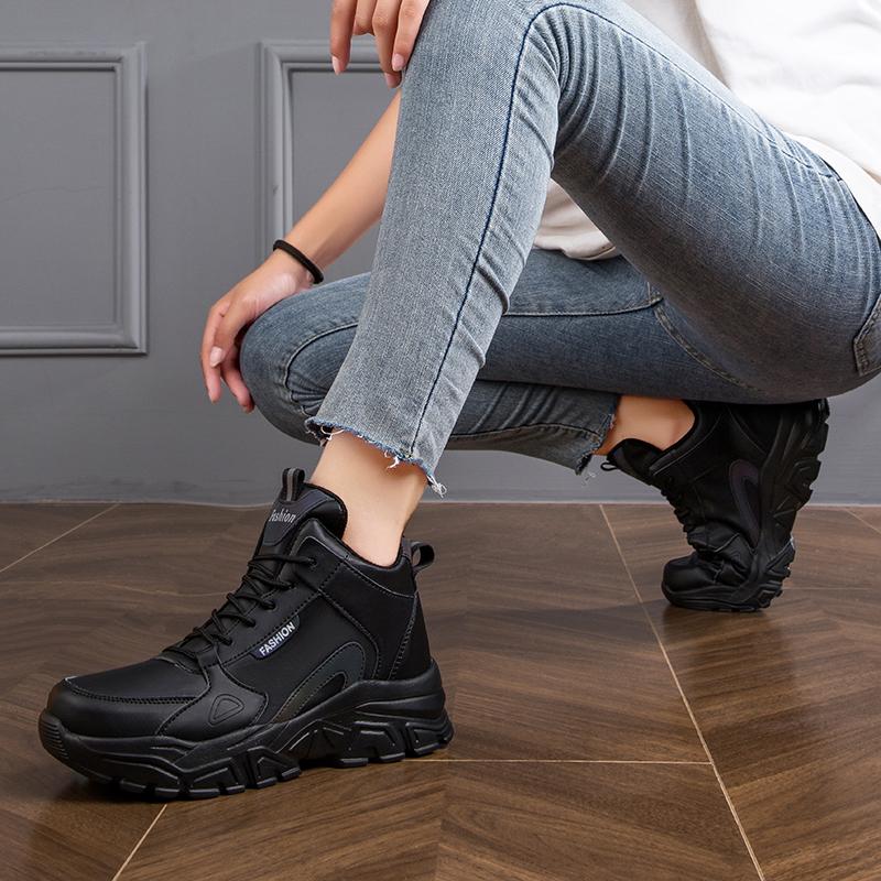 Four Season Women's Sports Shoes Lightweight and Large-sized Leather Surface Thick Sole High Height Wear-resistant and Anti Slip Sports Shoes