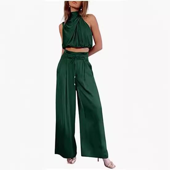 Damen Sommer 2023 Ärmelloses Crop-Top & Weitbeinige Hosen Set