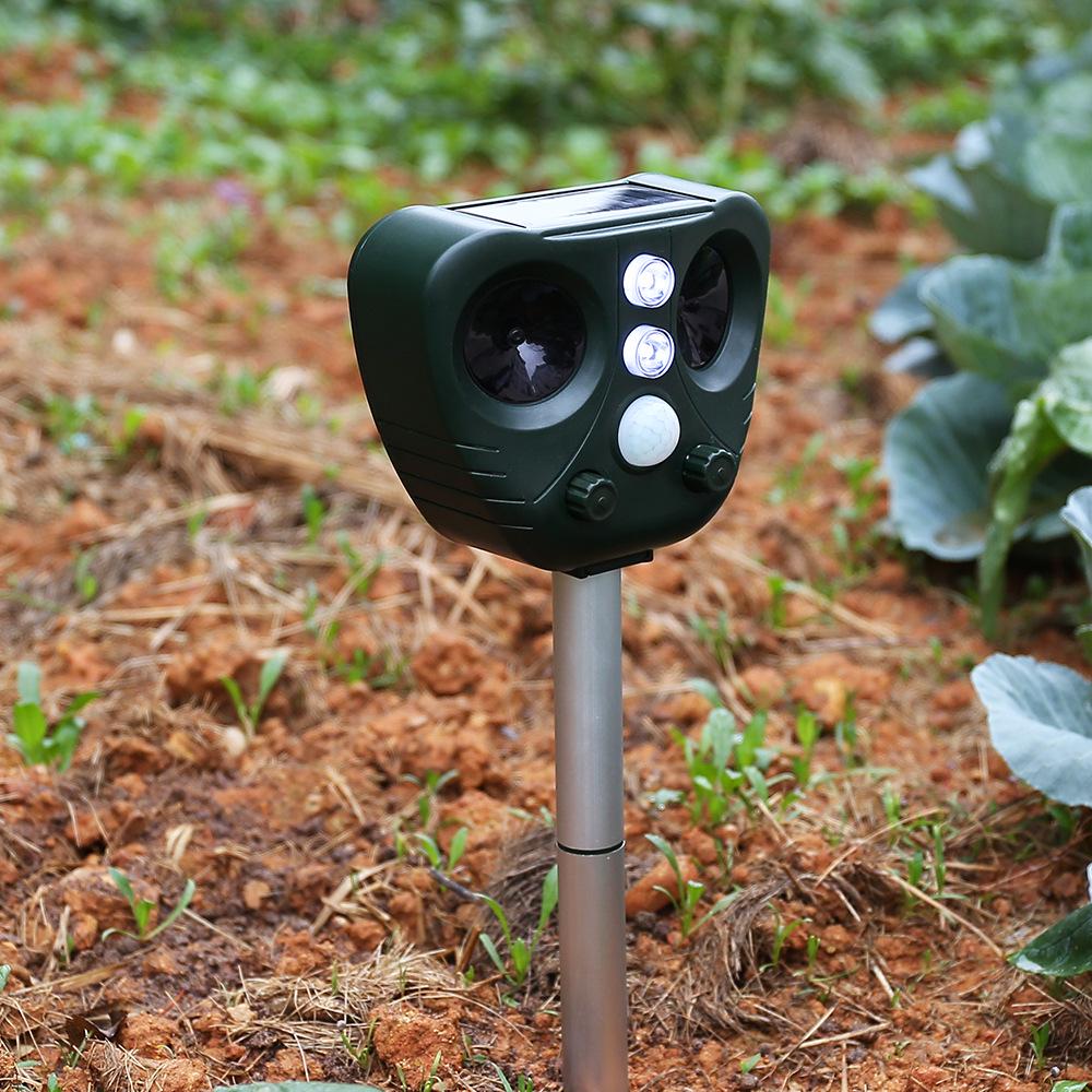 Solar Ultrasonic Animal Repeller with Infrared Sensing and Flashing Lights for Dogs, Birds, and Mice.