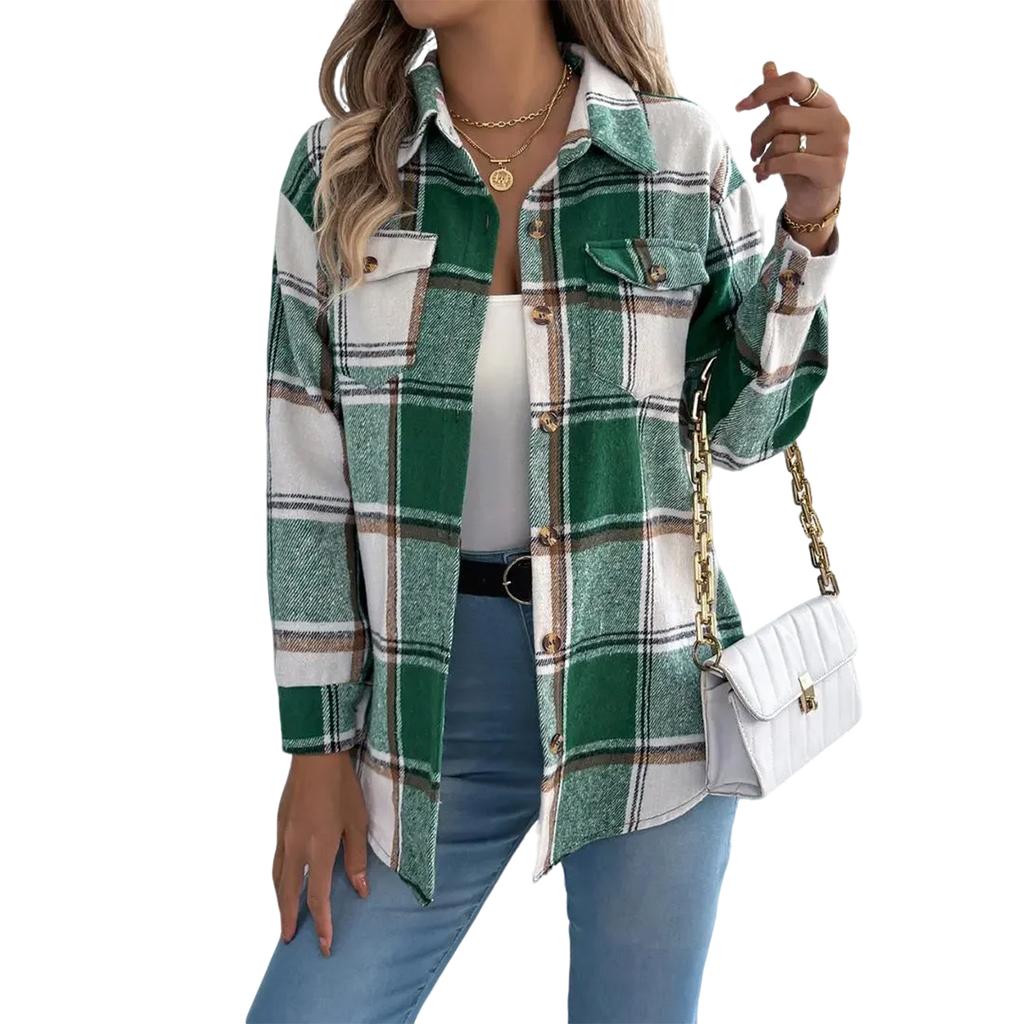 Women's Casual Plaid Fake Pocket Long-sleeved Woolen Mid-length Coat
