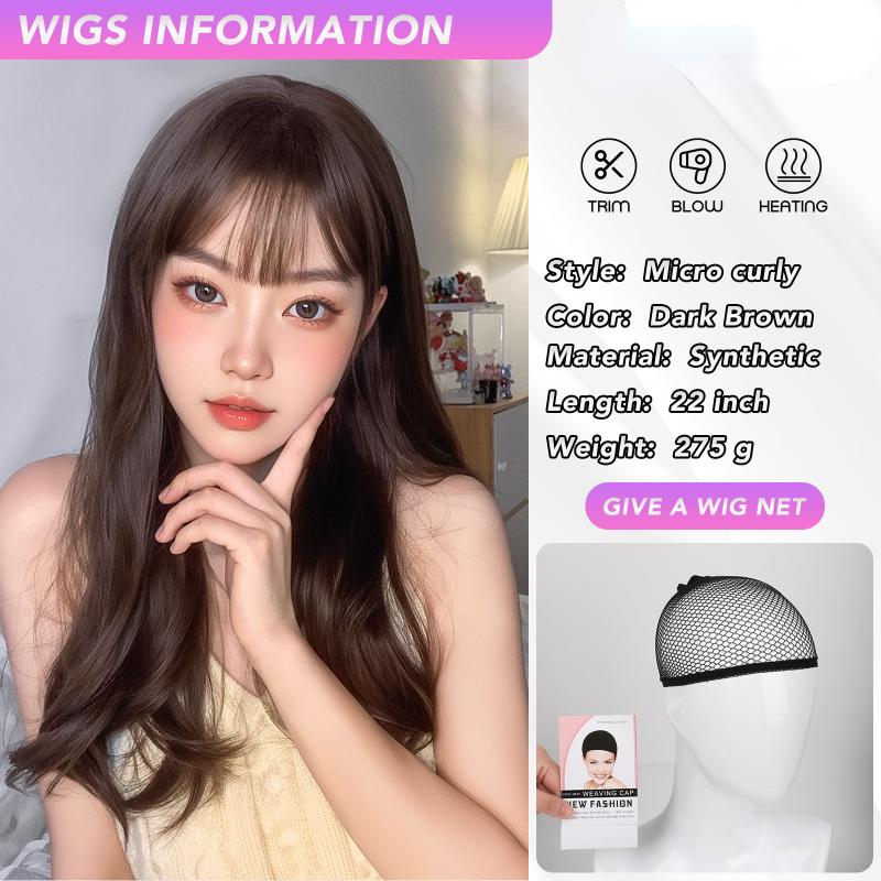 22 Inch Brown Curly Wigs Air Bangs Fiber Synthetic Heat-resistant Wave Hair Sweet And Natural Party or Selfie Korean Fashion