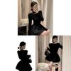 Classic Black Knit Long Sleeve Dress With Flared Skirt For Business And Casual Wear