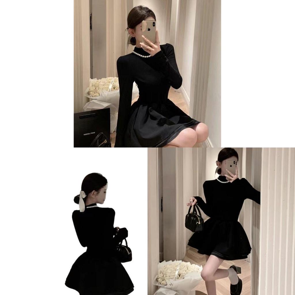Classic Black Knit Long Sleeve Dress With Flared Skirt For Business And Casual Wear