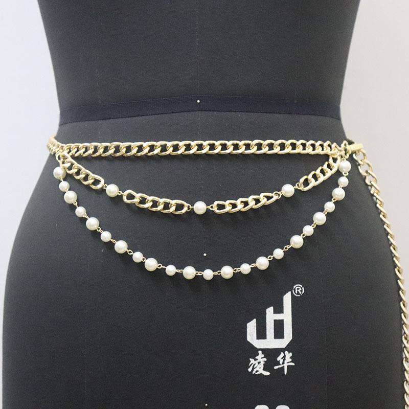 European and American fashion multi-layer metal pearl waist chain jeans long skirt with small ball pendulum chain waist women's jewelry chain