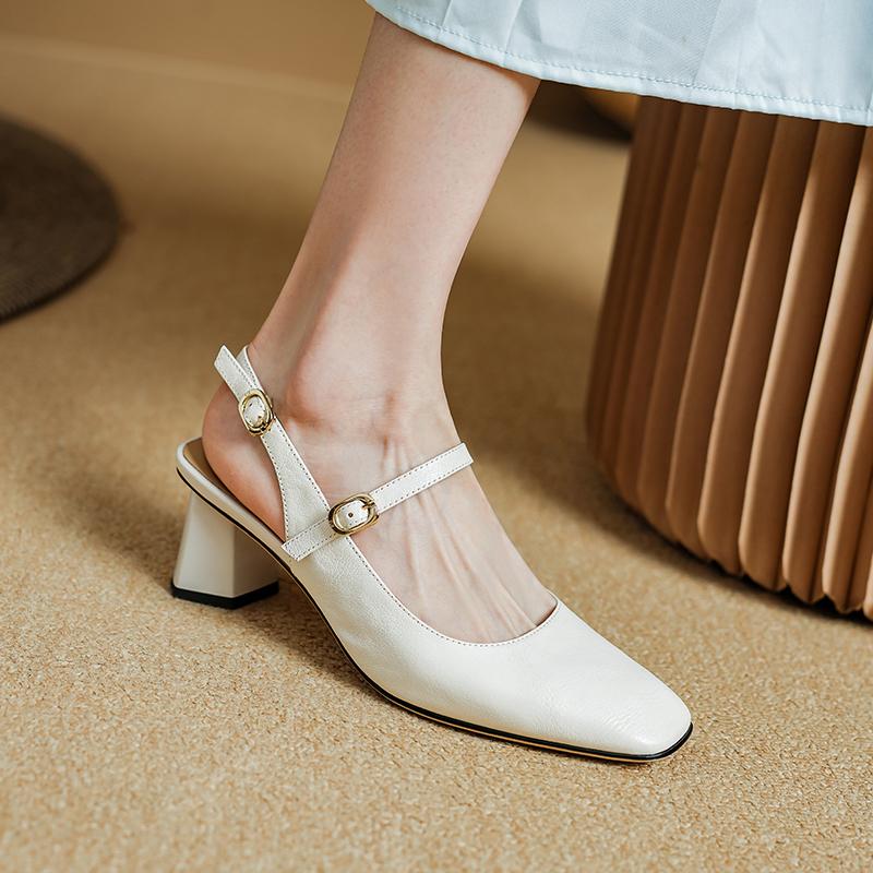 Summer Women Sandals Genuine Leather Shoes for Women Cover Toe Chunky Heel Shoes Square Toe Slingback Sandals Gladiator Shoes
