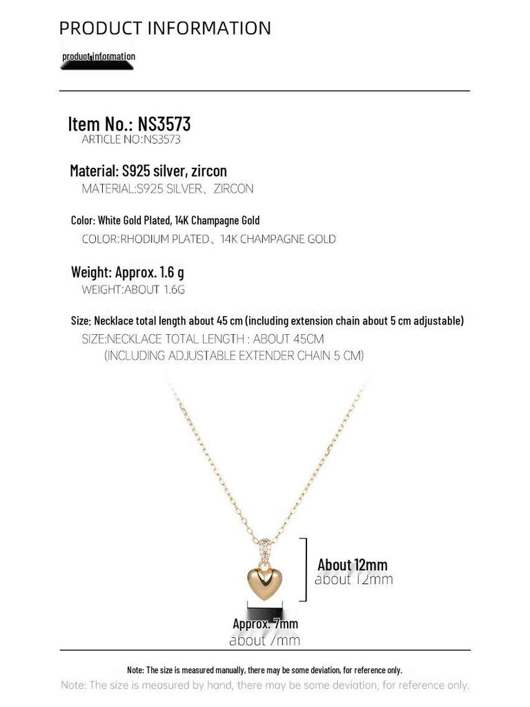 925 Sterling Silver Heart Pendant Necklace with Diamond Inlay - Elegant & Versatile Clavicle Chain for Women