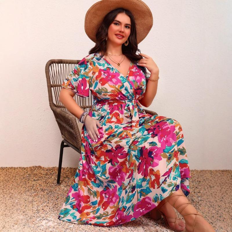 Waist-slimming Lace-up A-line Floral Dress