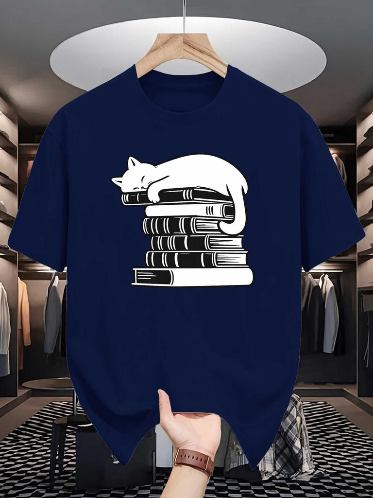 Unisex Crew Neck Tee Sleep Cat Book Stack Minimal Graphic Print Soft Cotton Loose Short Sleeve Summer Casual Male Streetwear Tops