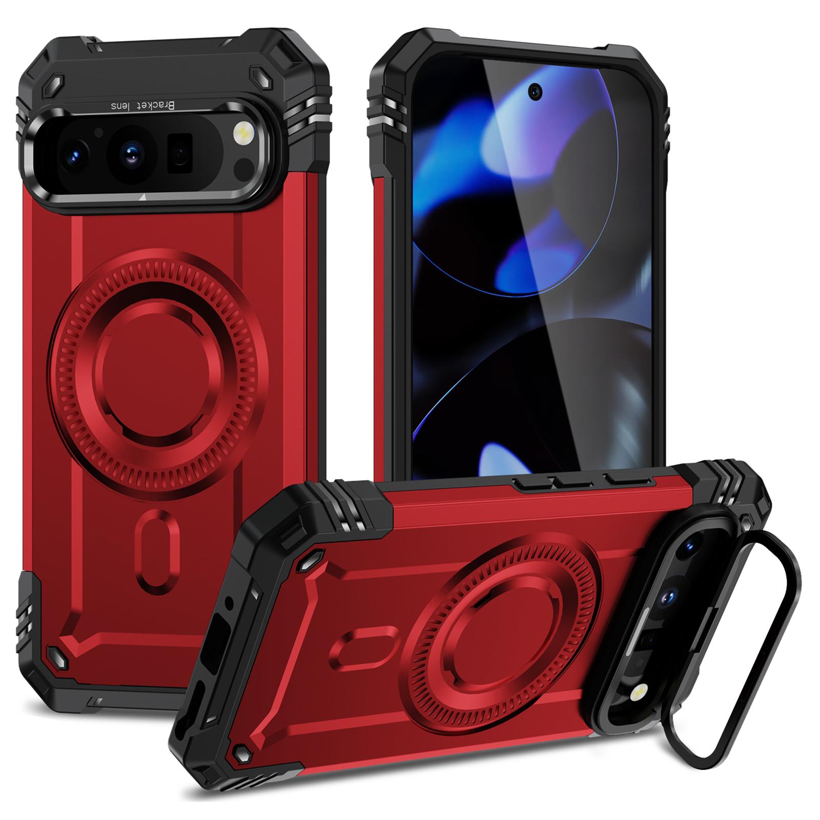 

Чехол для Google Pixel 9 Pro XL, совместимый с MagSafe, с металлическим ободком для объектива и подставкой, мобильная крышка из ПК+ТПУ Red