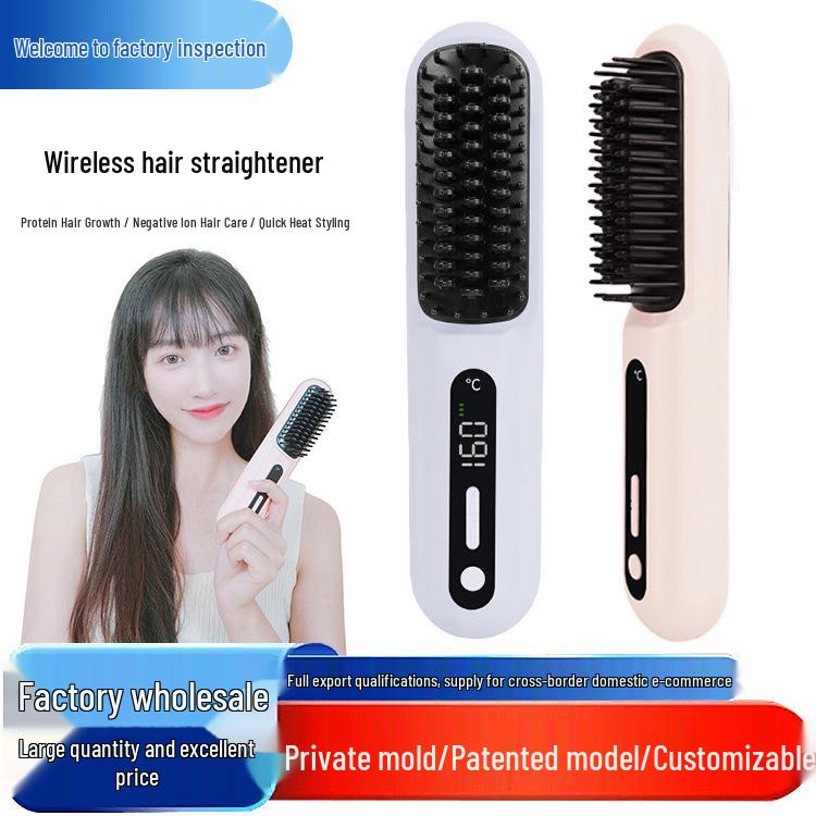 Mini Rechargeable Wireless Ceramic LCD Hair Straightening Comb Pink LCD 35W