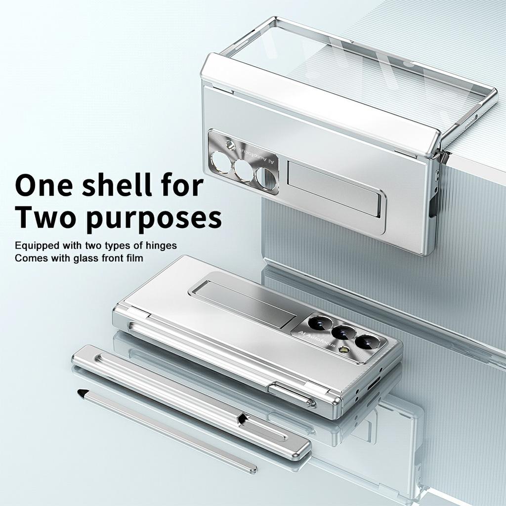 For Samsung Galaxy Z Fold7 5G Case Kickstand Dual Hinge Aluminum Alloy Phone Cover with Tempered Glass Front Film/Stylus