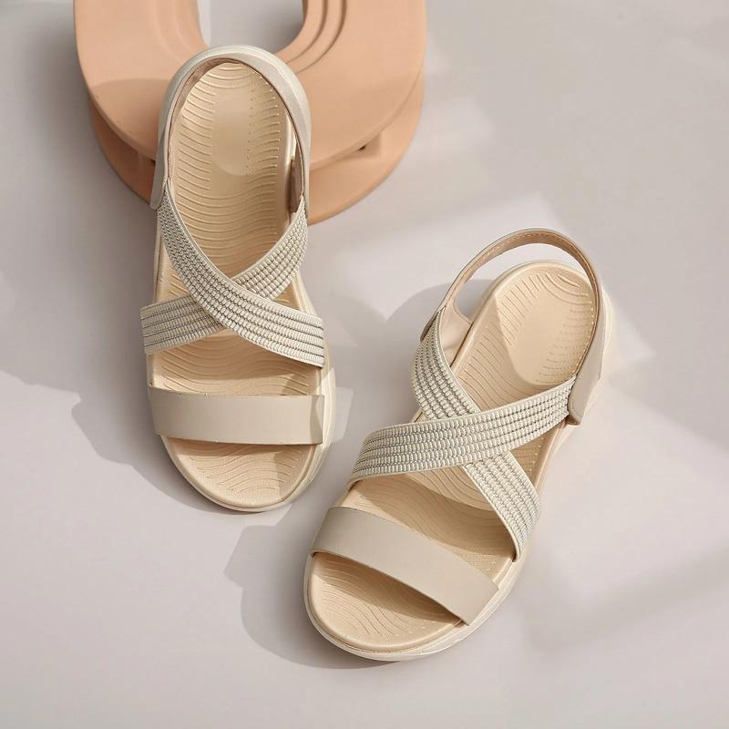 Slip On Wedge Sandals For Women Summer Hollow Soft Sole Fashion Elastic Adjustable Strap Casual Sandals Flats Platform Slippers