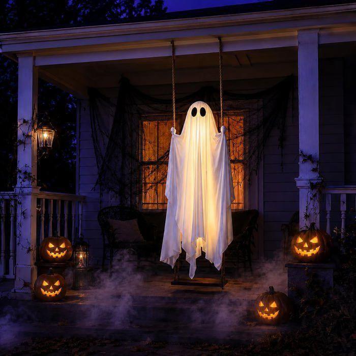 Décoration d'Halloween à suspendre - AIMOONSA - Fantôme sur balançoire - 1,5 m - Préassemblé - Lumières LED &amp; télécommande