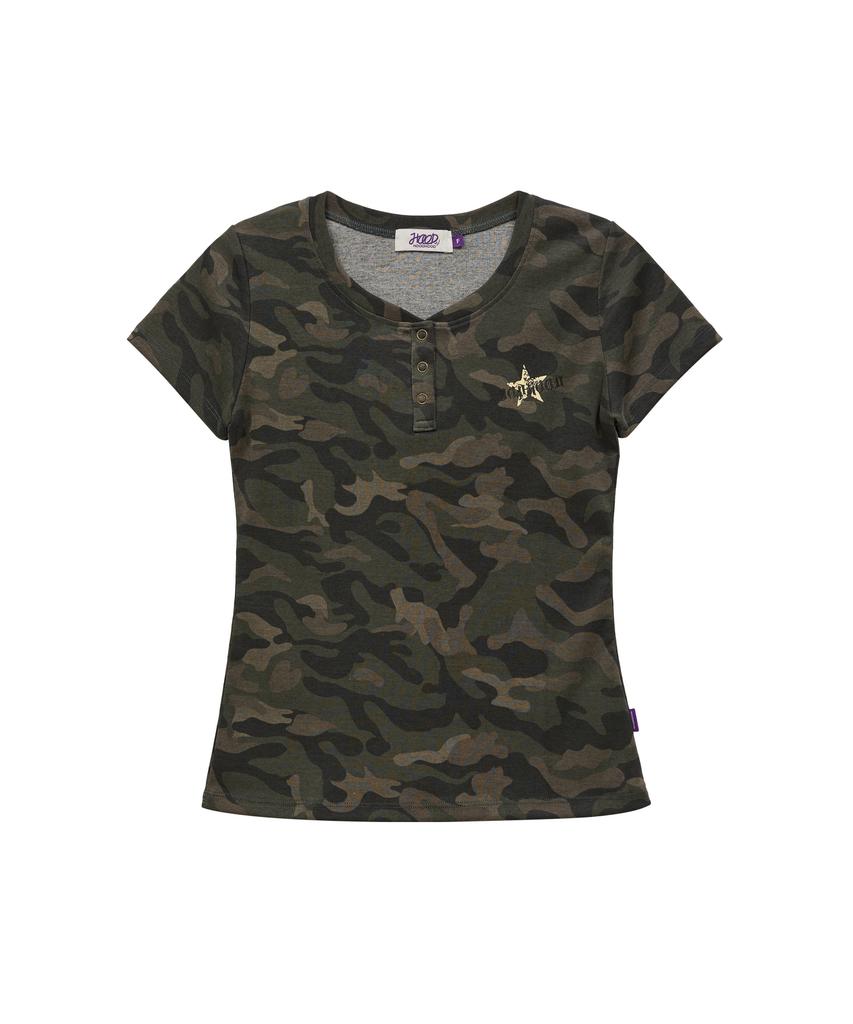 HOODHOOD Stern Logo Camo Henley-Kragen Kurzarm T-Shirt Khaki
