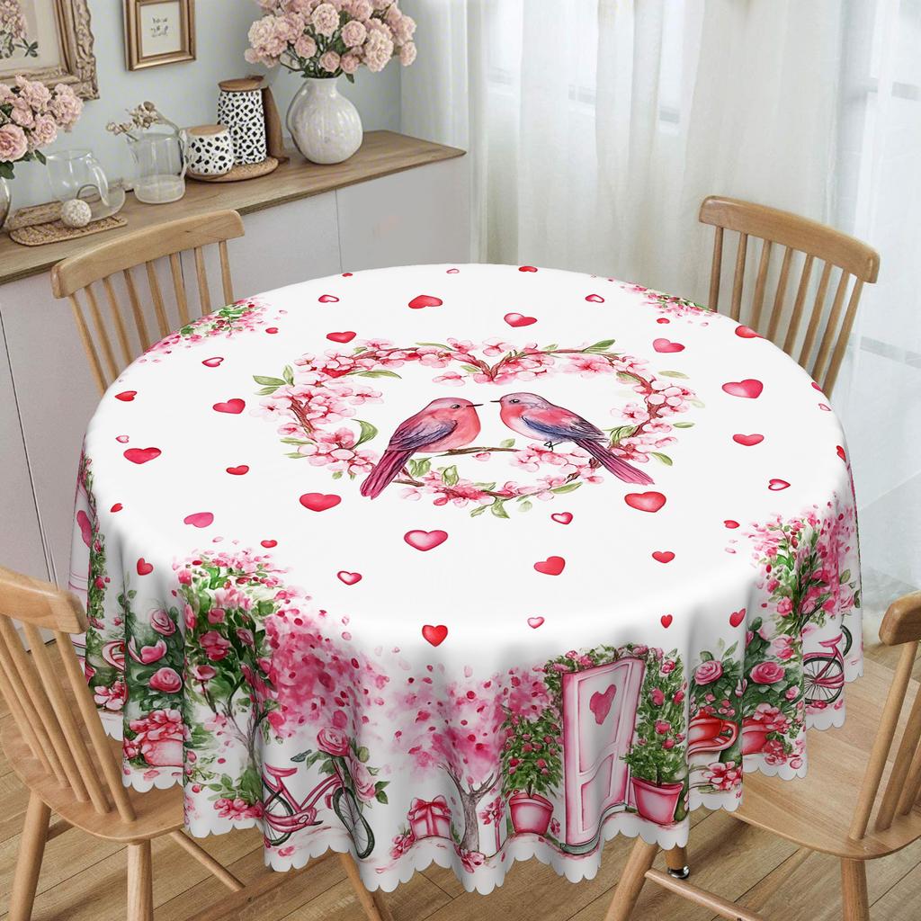 Pink Love Flower Bird Bicycle Round Tablecloth, Romantic Home Table Cloth, Restaurant Decoration