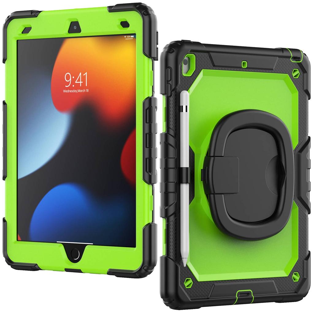For iPad 7/8/9th 10.2'', Military Grade Shockproof Protective Silicone Cover 360 Folding Handle Grip + Handle Shoulder Strap