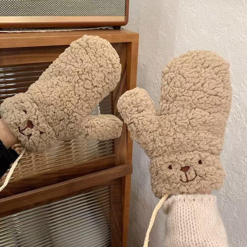 Women's Winter Lambswool Teddy Bear Patch Gloves - Fleece Lined, Thick, Cute, Hanging Neck Design for Cycling.