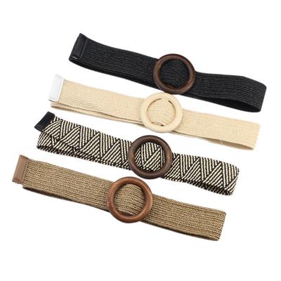 Women Bohemian Elastic Braided Belt  Female Dress Jeans Wide Black PP Straw Designer Wood Buckle Boho Belts