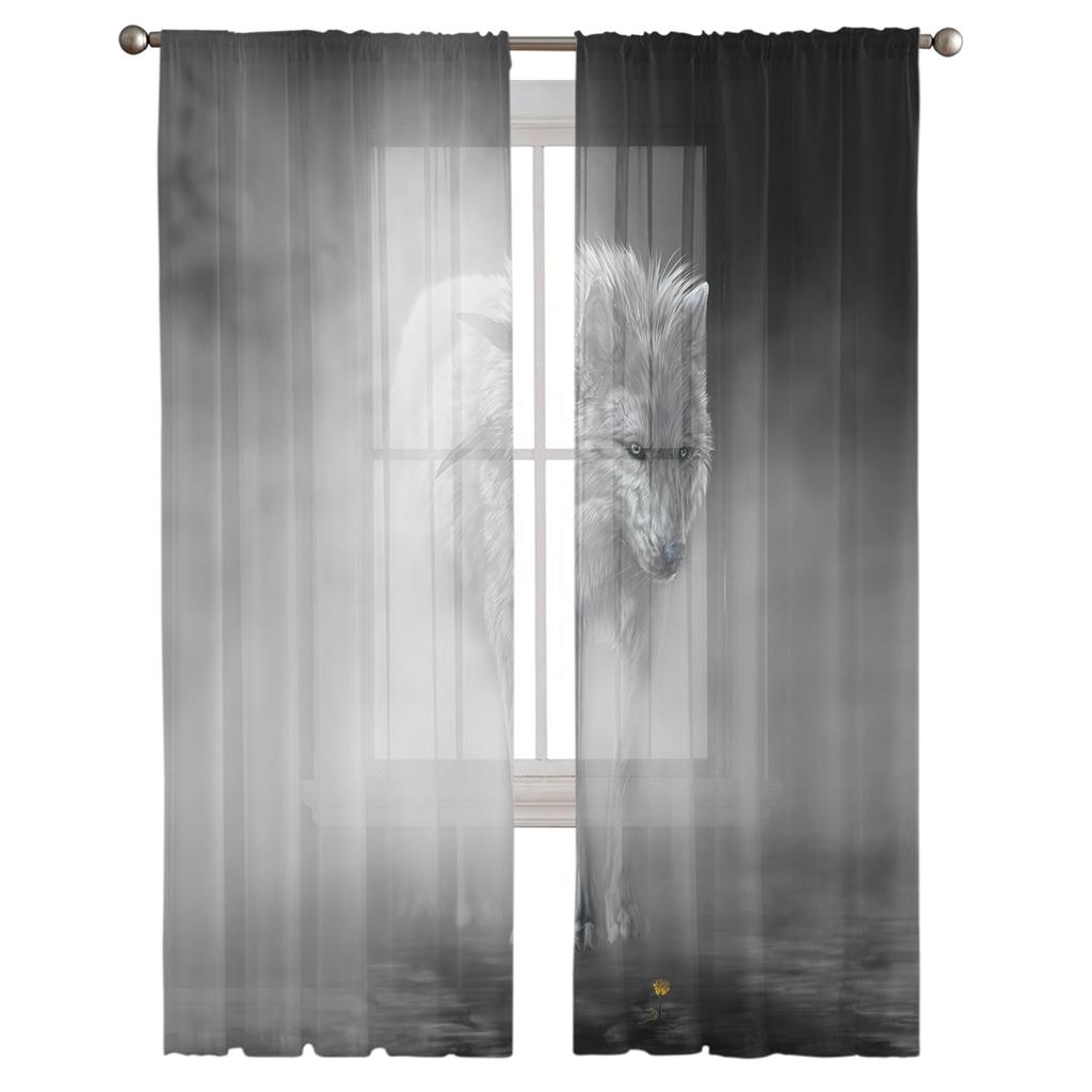 Wolf im Nebel Moderne Vorhänge für Wohnzimmer Transparente Tüllvorhänge Fenstersheer für das Schlafzimmer Zubehör Dekor