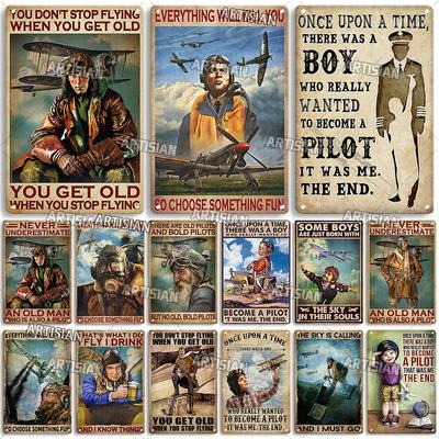 Artificial Male Pilot and Airplane Decorative Plate Vintage Metal Poster Man Cave Home Wall Decor Sign