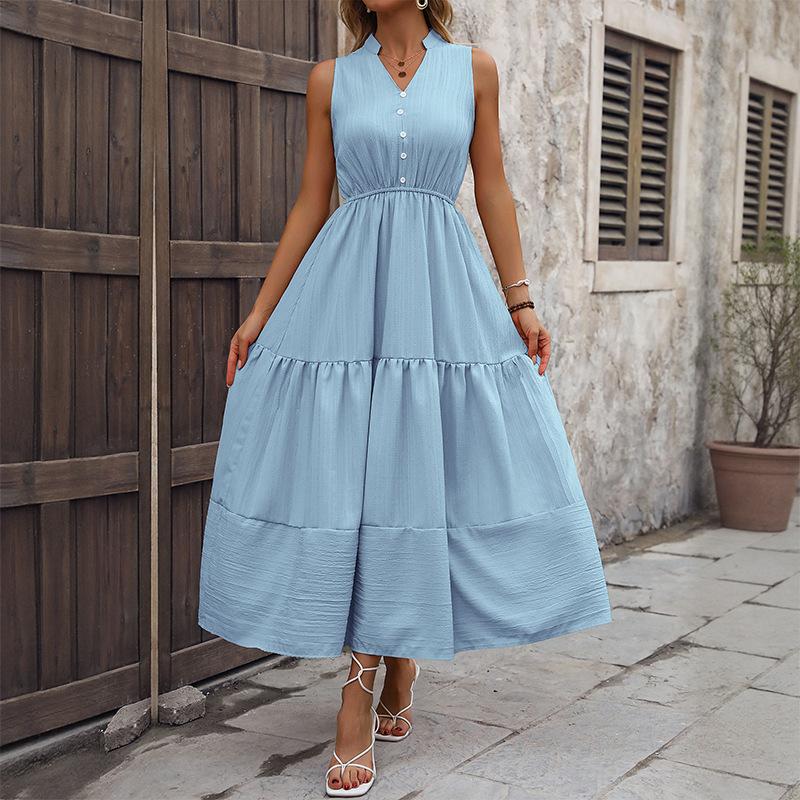 2025 new casual simple style high waist sleeveless solid color dress long skirt waist