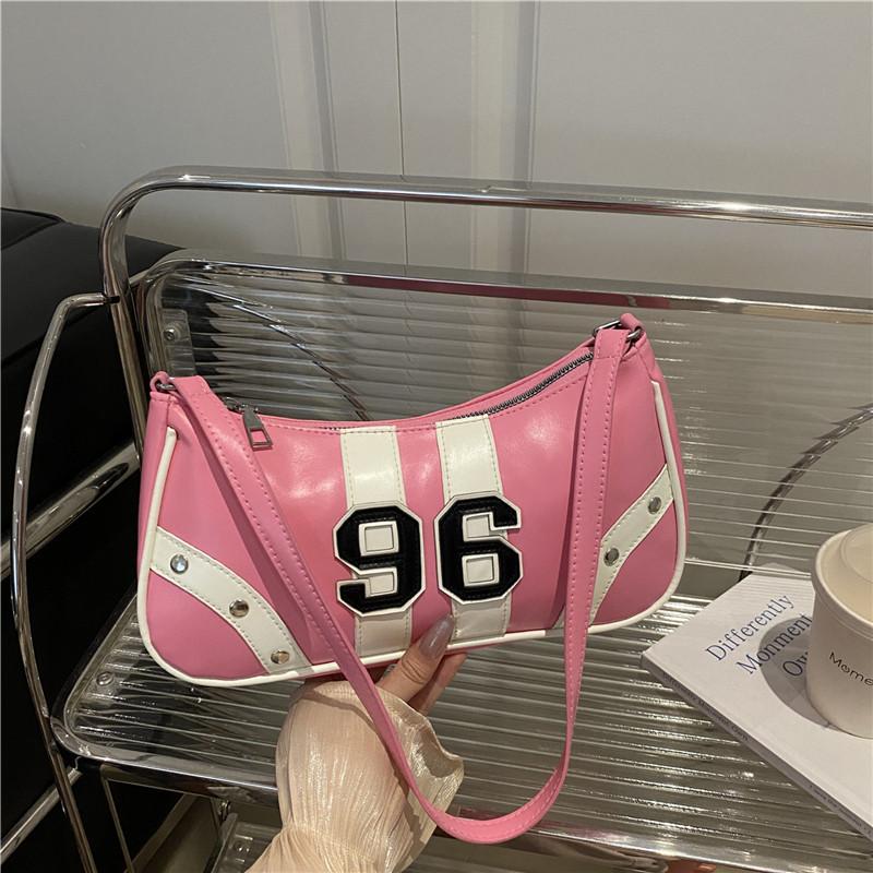 Y2K 96 Number Print Shoulder Bag, Retro Sporty Striped Hobo Purse, Casual Armpit Bag with Studded Detail for Streetwear & Daily