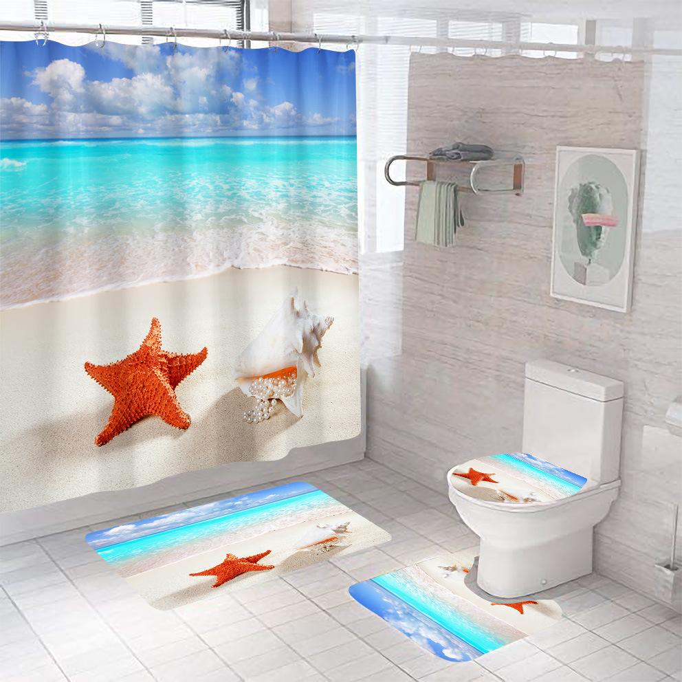 Bathroom Shower Curtain Four-piece Digital Printing Beach Shell Waterproof Shower Curtain Shower Curtain Partition Curtain Bath Mat