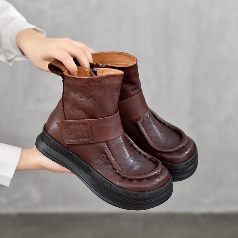 Johnature Vintage Genuine Leather Handmade Shoes Round Toe Short Boots Casual Versatile Women's Shoes