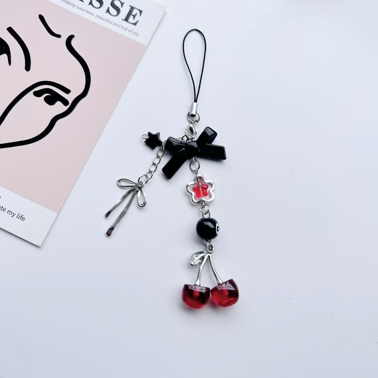 New Design 1 Piece y2k Style  Cute Cherry Bowknot Beaded Mobile Phone Charms Keychains Lanyard Smartphone Strap Accessory