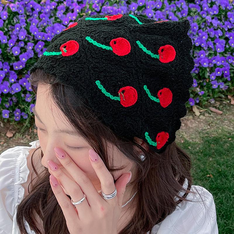 Sweet Cute Strawberry Cherry Handmade Crochet Hollow Triangle Headband Towel Women Spring Summer Travel Photo Hair Scarf