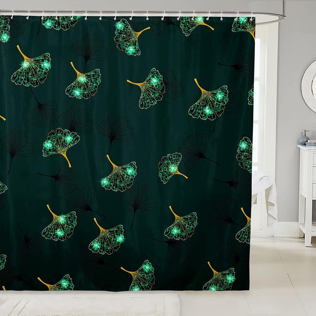 Green Ginkgo Biloba Shower Curtain Gold Ginkgo Leaves Modern Bathroom Shower Curtains Set Waterproof Botanical Bath Curtain Sets