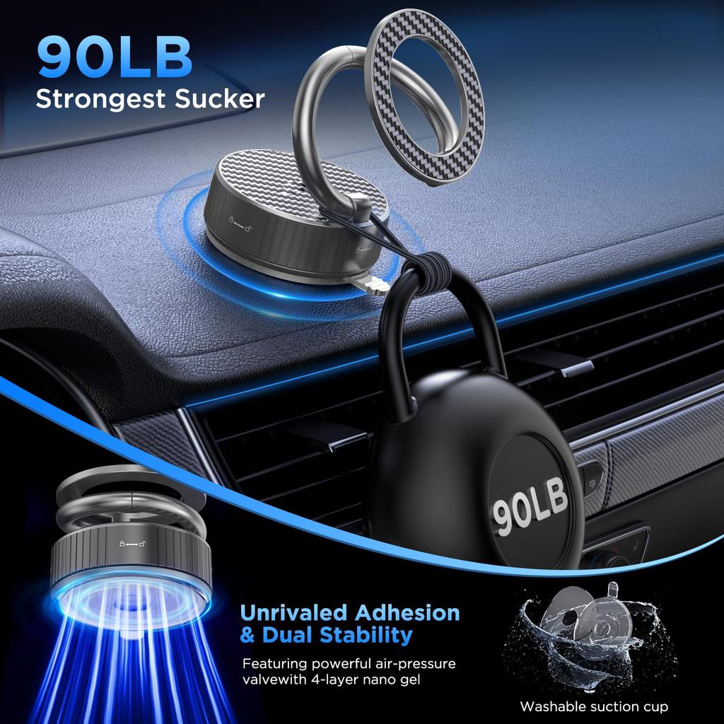 Vacuum Magnetic Phone Holder Stand With Suction Cup - Ultra Long Metal Arm & 360° Adjustable Car Phone Mount For All Smartphones, All Car Models