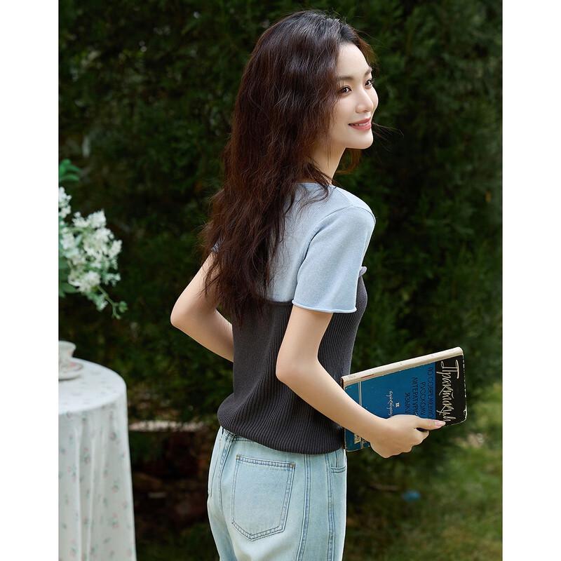 Demana Women's Color Block Knit Short Sleeve Top