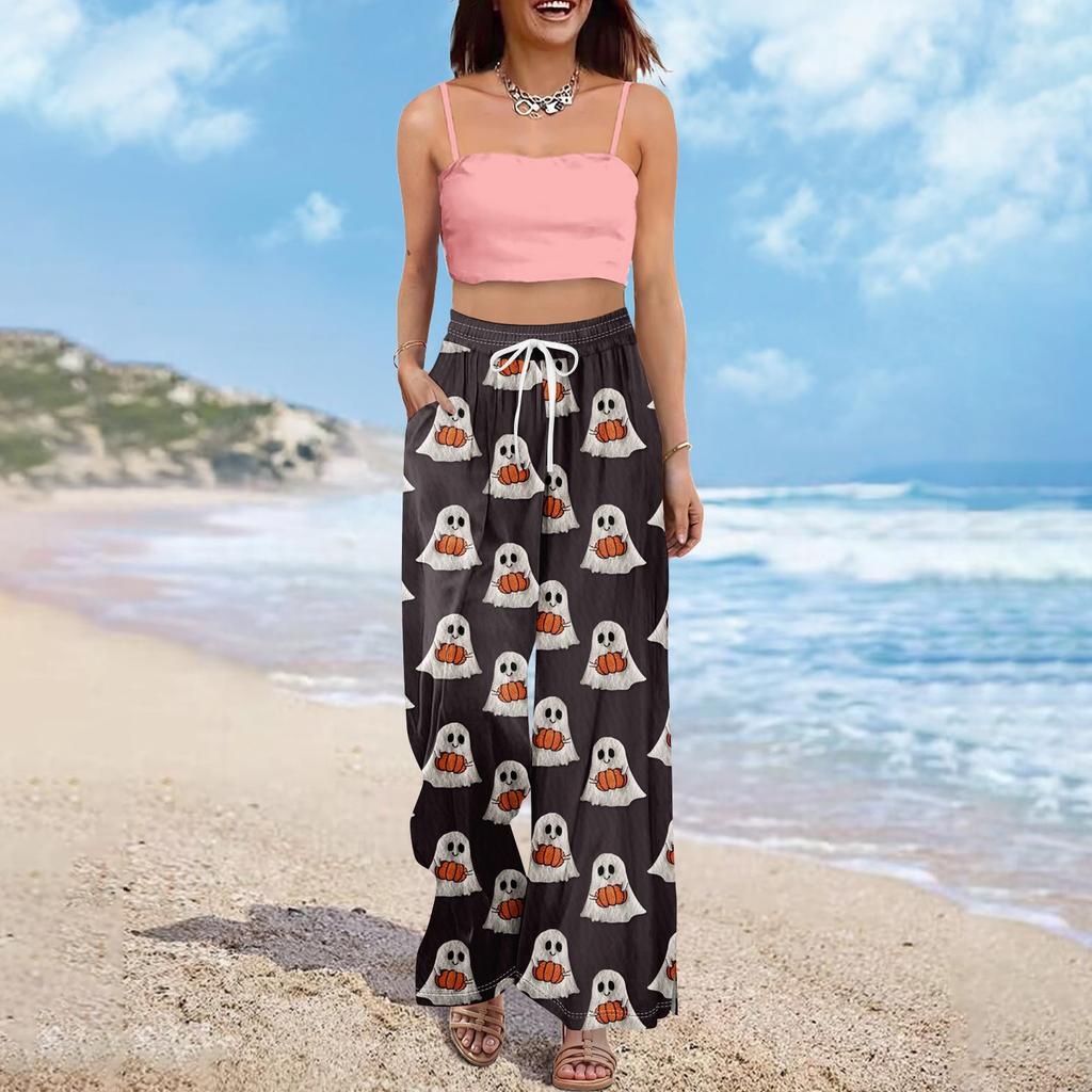 Women Summer Boho Palazzo Pants High Waist Wide Leg Halloween Printing Casual Trousers With Pockets