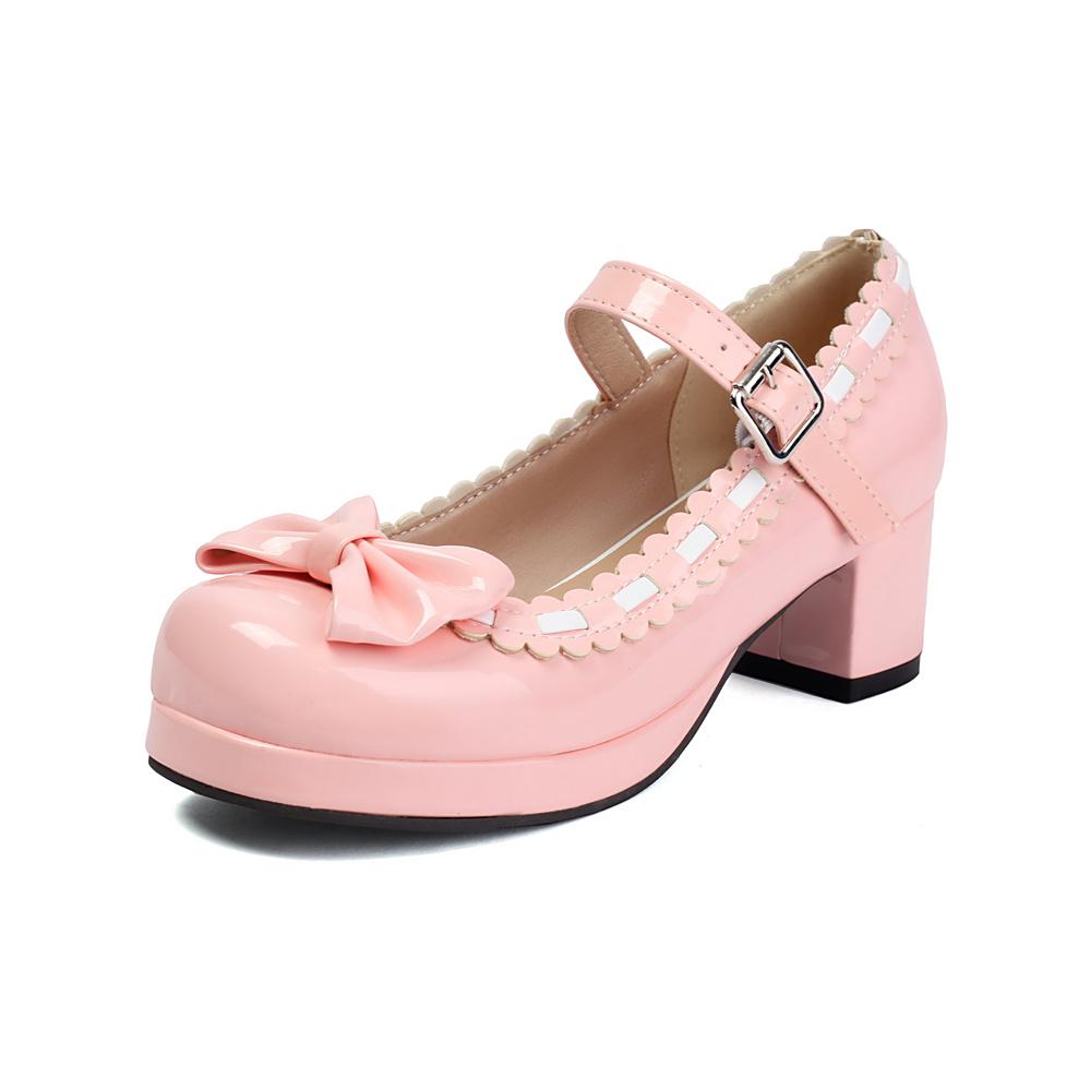 Fashion Size 34-48 Woman Med Heel Lolita Shoes Patent Leather Cute Bow Mary Jane Pumps Bride Wedding Cosplay Party Red Pink Black Green