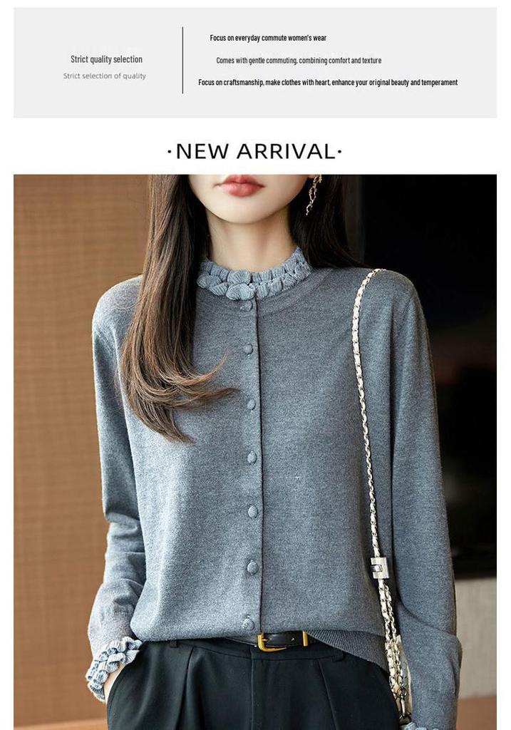 Elegant 2026 Autumn Winter Color Block Knit Cardigan for Women with Ruffle Lace Collar - Slimming and Stylish Outerwear Top