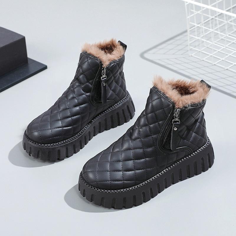 Women's boots velvet winter fashion leather windproof short boots women's thick soles lightweight and comfortable zipper thermal women's shoes