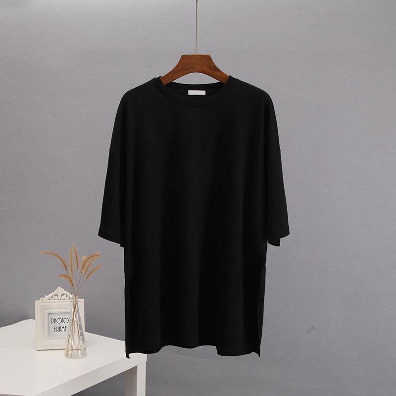 

Hirsionsan летняя хлопковая футболка большого размера для женщин, новинка 2022 года, свободные однотонные футболки с разрезом, повседневная базовая футболка с короткими рукавами, женские топы L чёрный