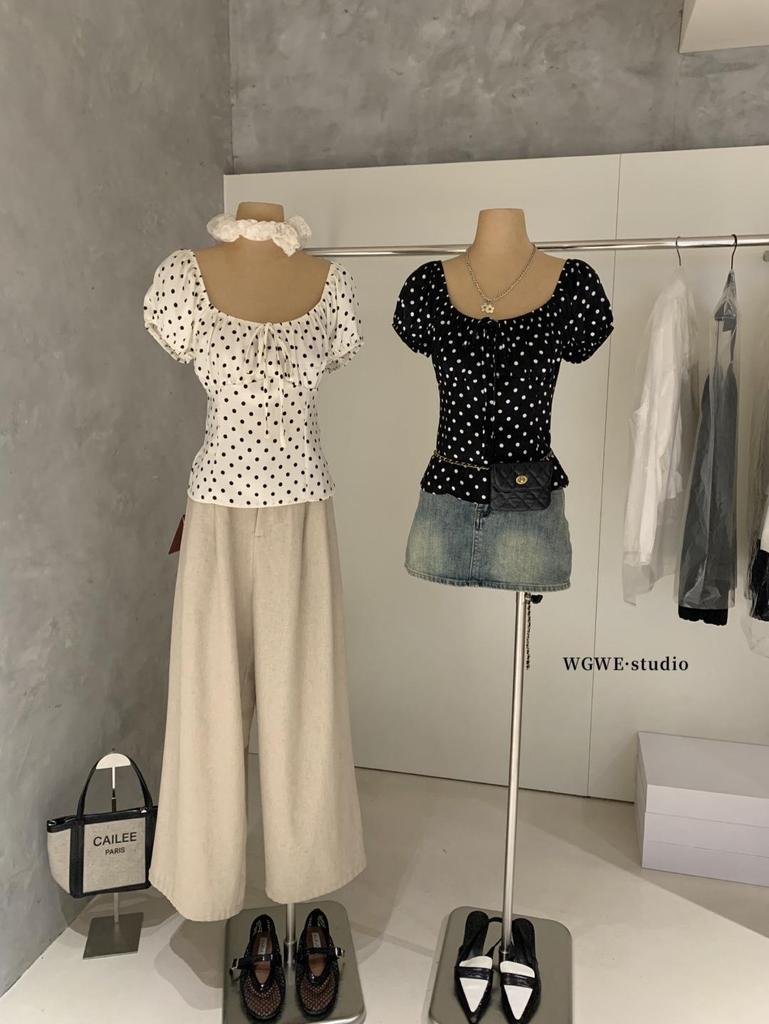 Guangzhou Women's Polka Dot Short Sleeve Square Neck Tie Shirt - Autumn/Winter Trendy