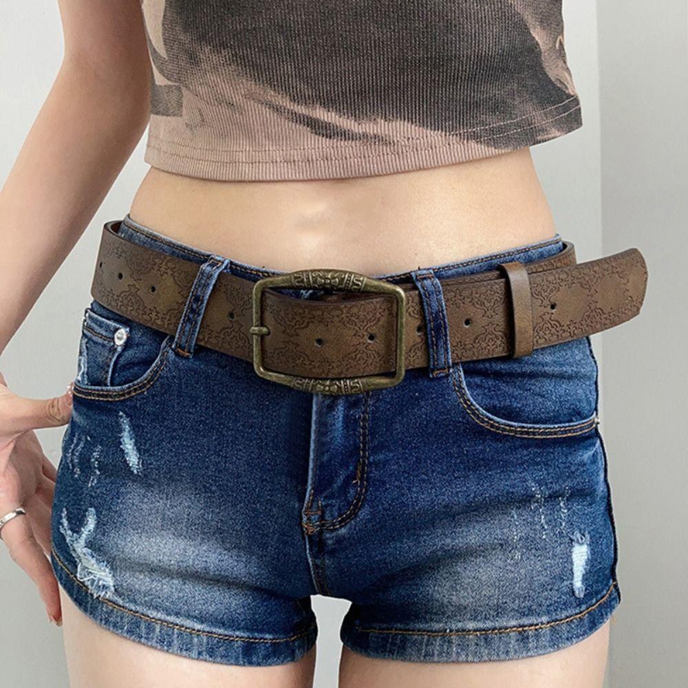 Metal Buckle Retro PU Leather Belt Ethnic Style Trouser Decoration Y2k Style Waist Belt  Party