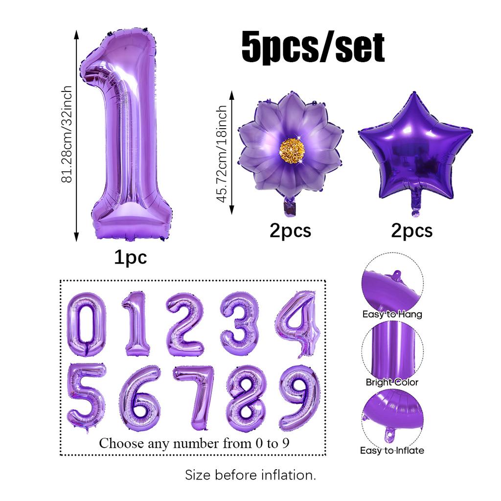 5pcs Purple Number Foil Balloon Set for Birthday Parties, Anniversaries, Holiday Celebrations, Party Decorations,