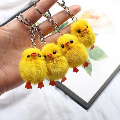 Mini Yellow Duck & Chick Plush Keychain with Fox Fur