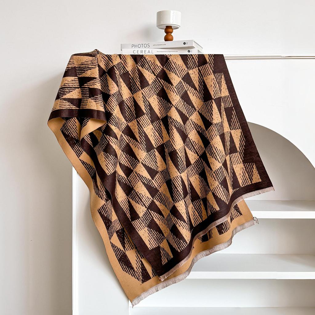 Winter Geometric Splicing Letters Versatile Simple Neck Protection Warm Scarves High Temperament Women Two-Sided Jacquard Shawl