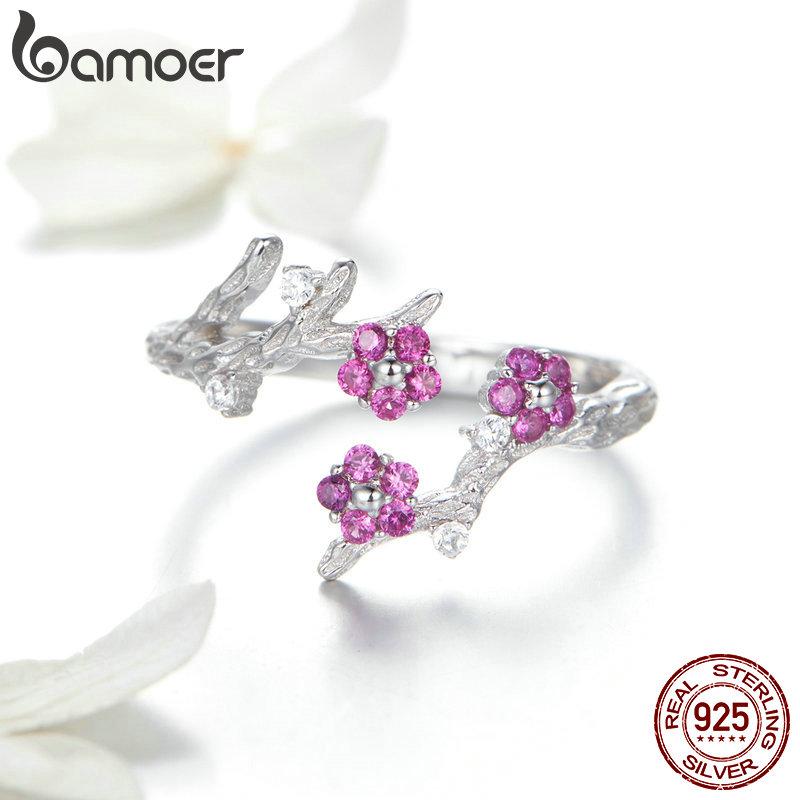BAMOER 100% 925 Silver Winter Blooming Plum Flower Open Size Rings for Women Wedding Engagement Jewelry BSR022