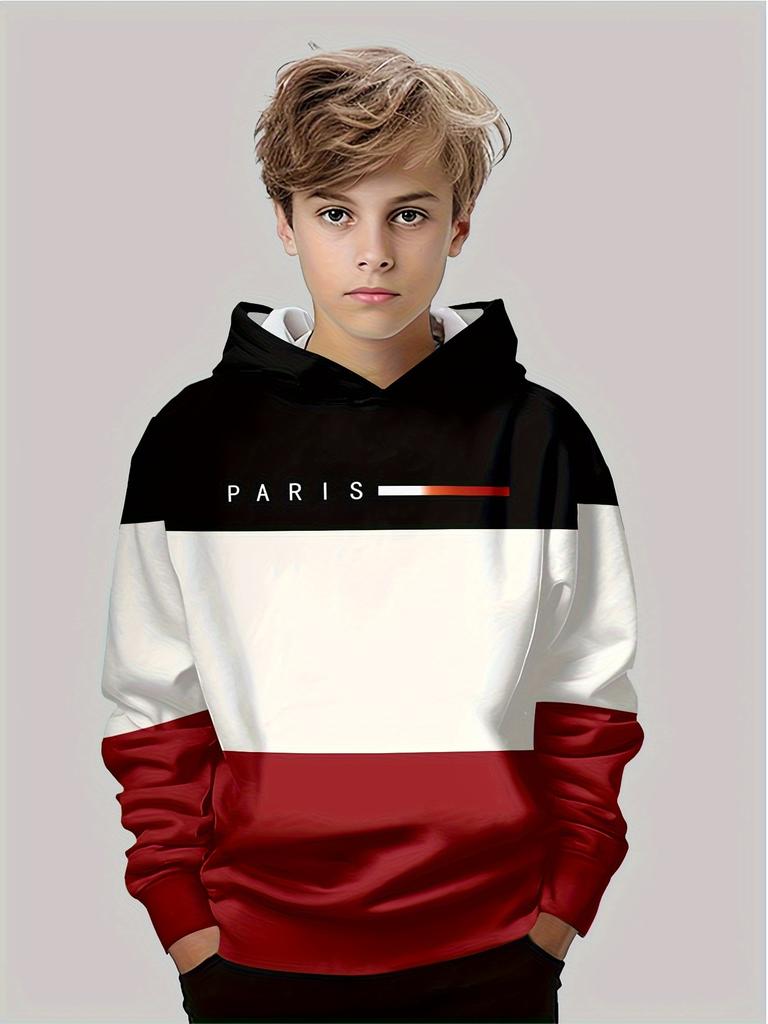 Boys Hoodie Stripe Printed Pullover Long Sleeve Thin Hooded Sweatshirt for Autumn Casual Versatile Classic Color Matching Design
