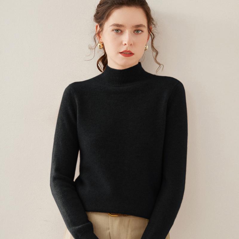Women's Double-Ply Wool Knitwear – Thick, Soft Cashmere Half-High Collar Sweater for Autumn & Winter.